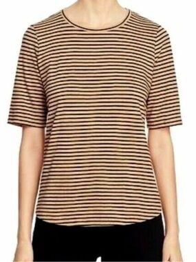 EILEEN FISHER Striped Organic Cotton Short Sleeve Tee Shirt Tan/Black Sz Medium